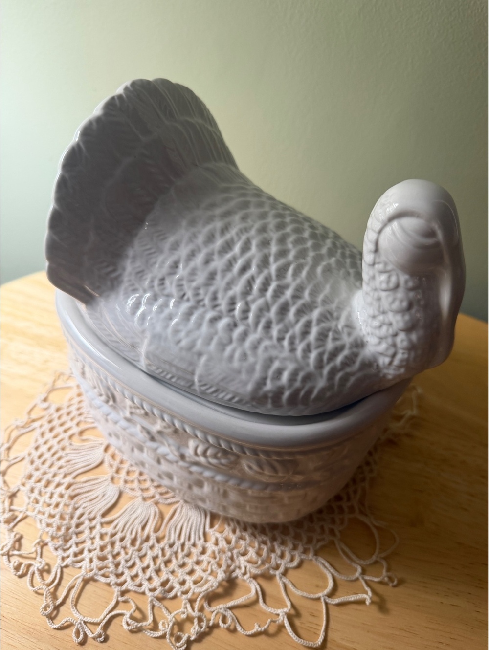 White Ceramic Turkey Covered Dish with Basket Weave Design